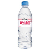 A bottle of Evian - Still Water - 0.5L on a white background.